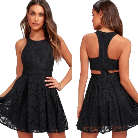 Lulus Black Lace Cut-Out Racerback Pleated Daisy Date A-Line Mini Dress - Picture 1 of 7